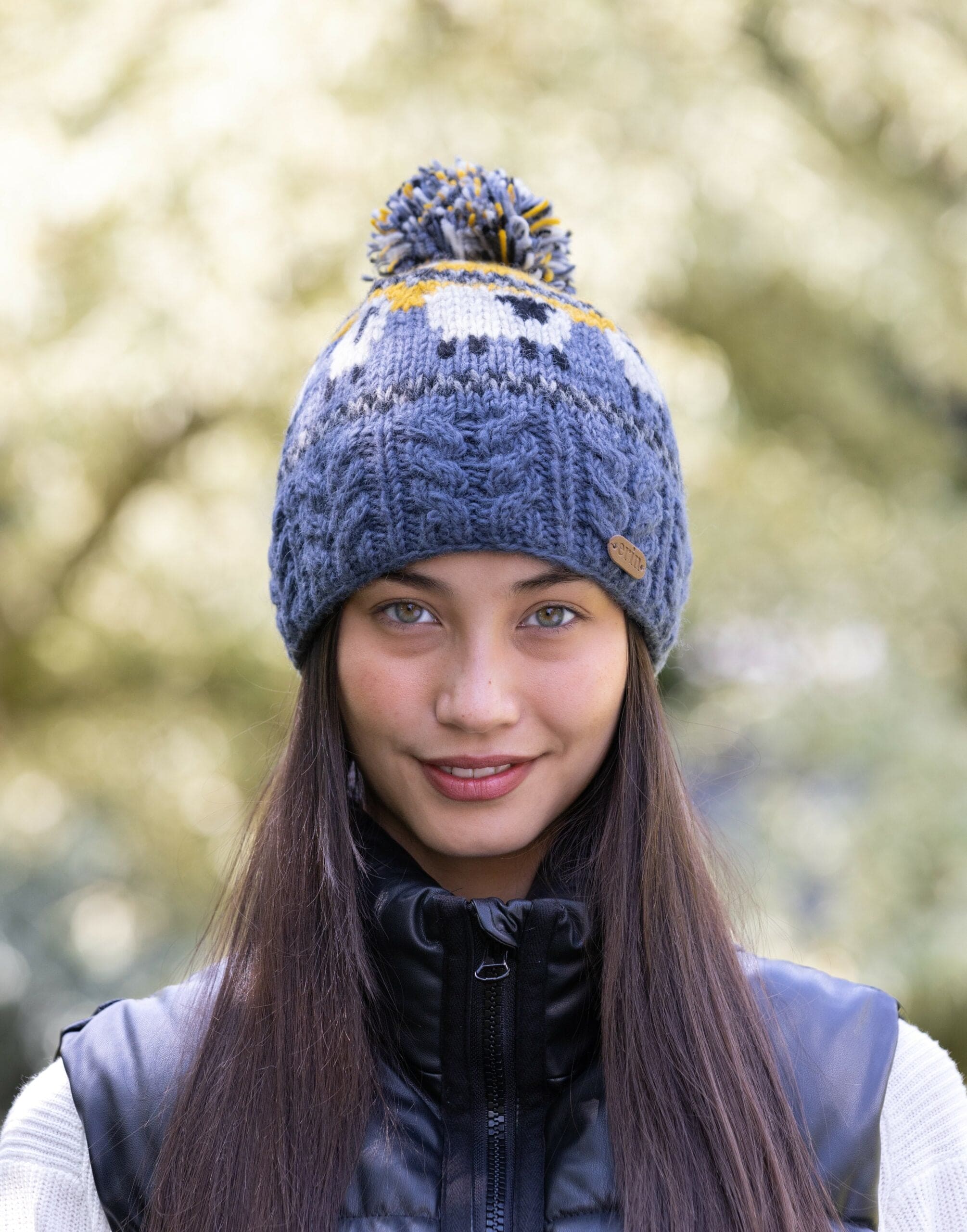 Sheep Bobble Hat with Cable Band in Blue and Yellow