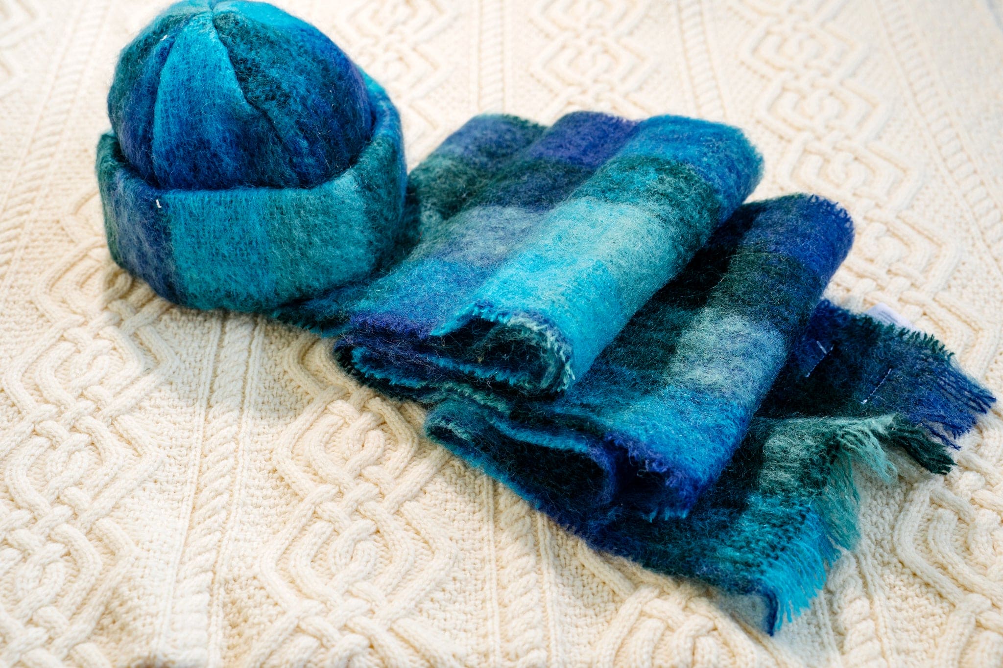 Connemara Sheep & Wool Centre Donegal Design Mohair Hat and Scarf Set - Blue and Green