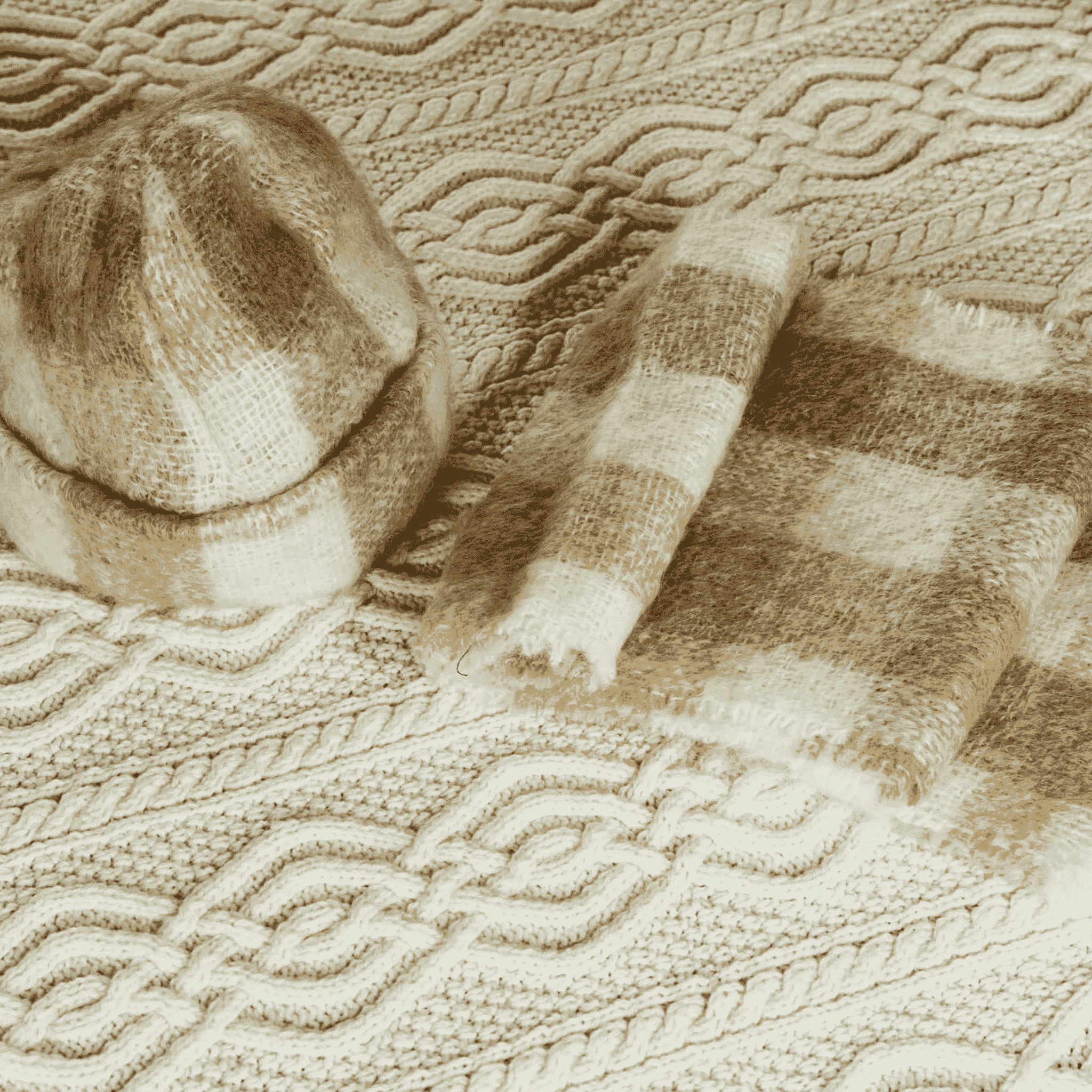 Connemara Sheep & Wool Centre Donegal Design Mohair Hat and Scarf Set - Cream and Fawn