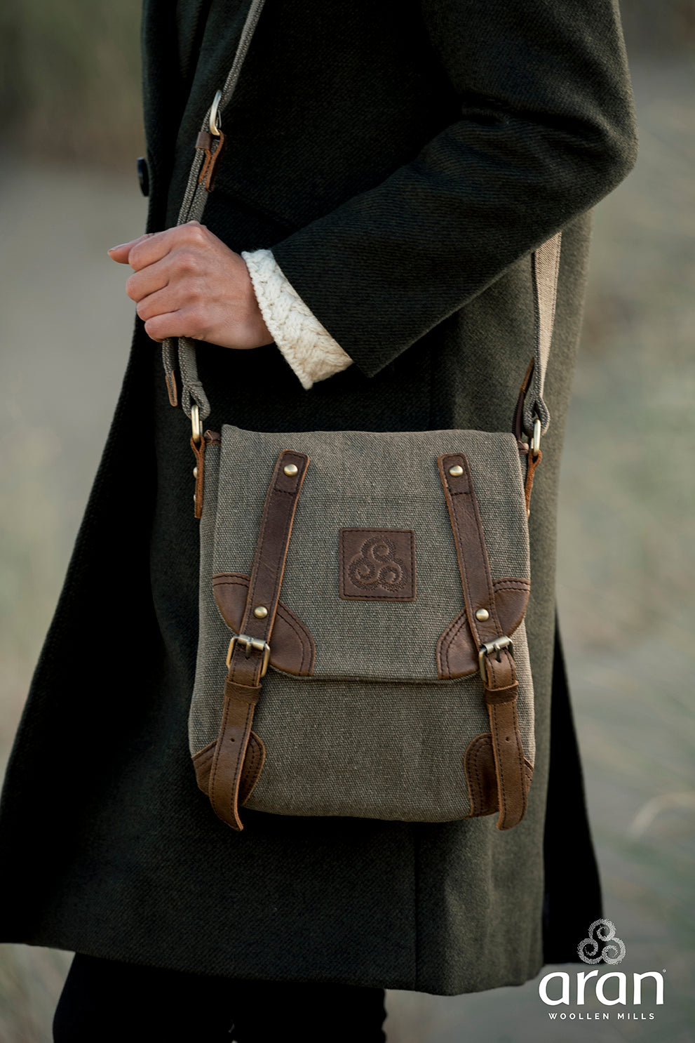 Double buckle Irish  tweed and leather bag