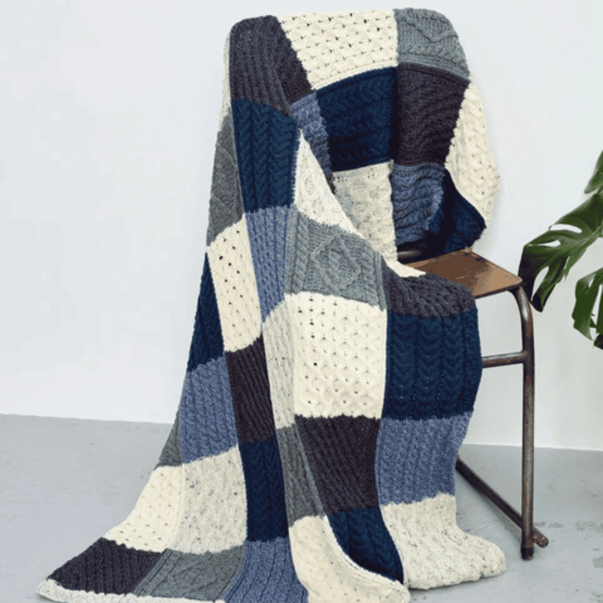 Aran Merino Patchwork Throw - Killala Aran Intarsia - Blue