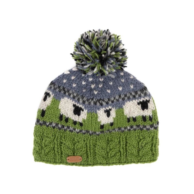 Sheep Bobble Hat with Cable Band in Green and Blue