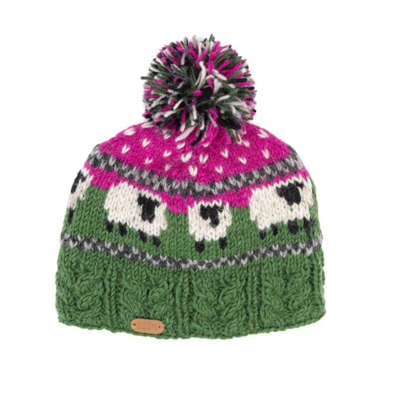 Sheep Bobble Hat with Cable Band in Green and Pink