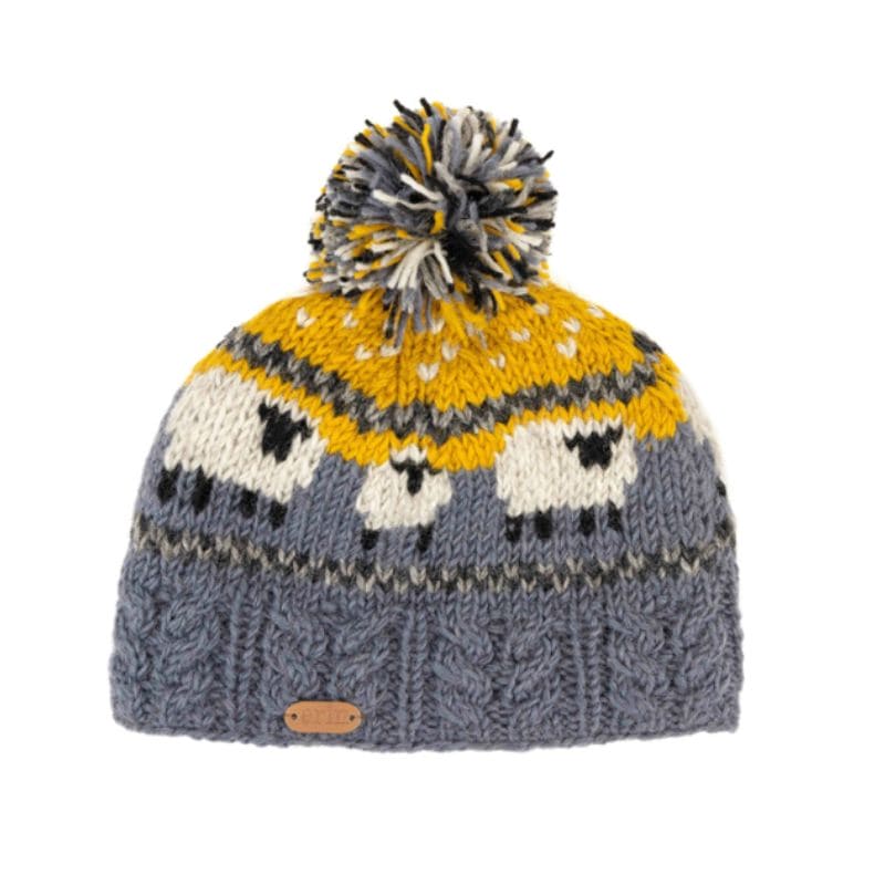 Sheep Bobble Hat with Cable Band in Blue and Yellow