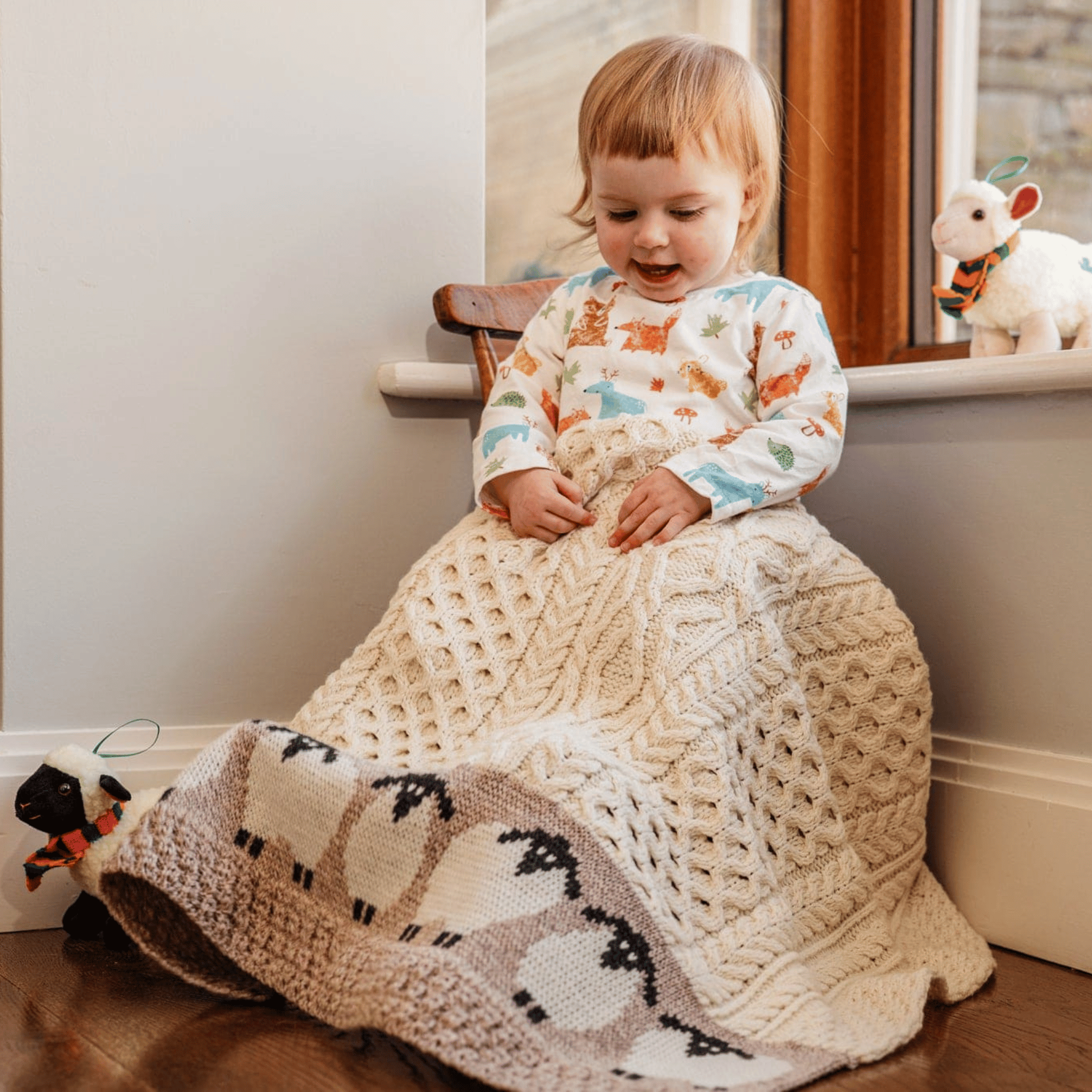 Merino Wool Bainin Baby Blanket with Sheep