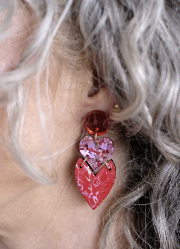 The Messy Brunette - Stacked Hearts Earrings in Red and Pink