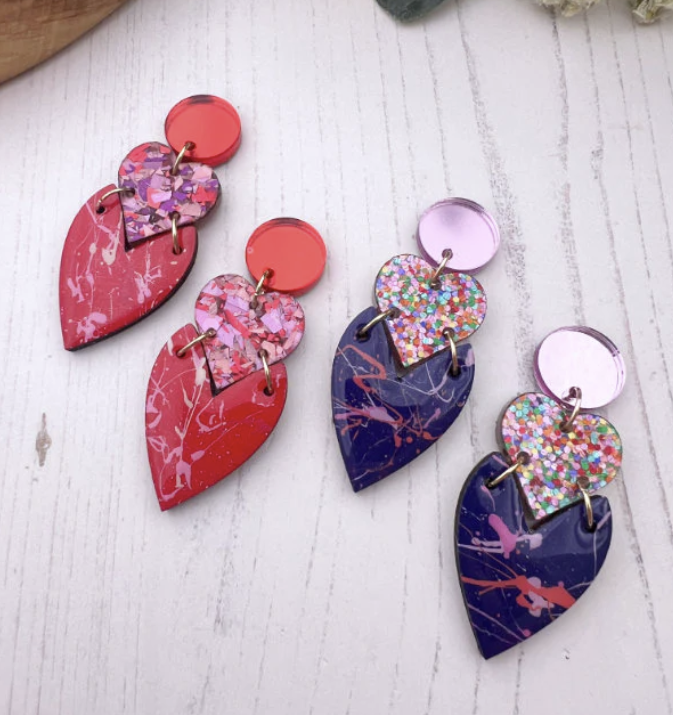 The Messy Brunette - Stacked Hearts Earrings in Blues and Pinks