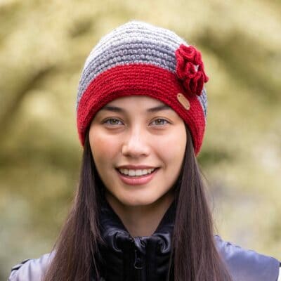 Ladies Crochet  Hat with flower - Red