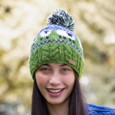 Sheep Bobble Hat with Cable Band in Green and Blue