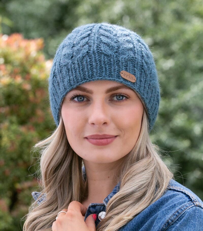 Erin Knitwear Aran Cable Pullon Hat - Blue