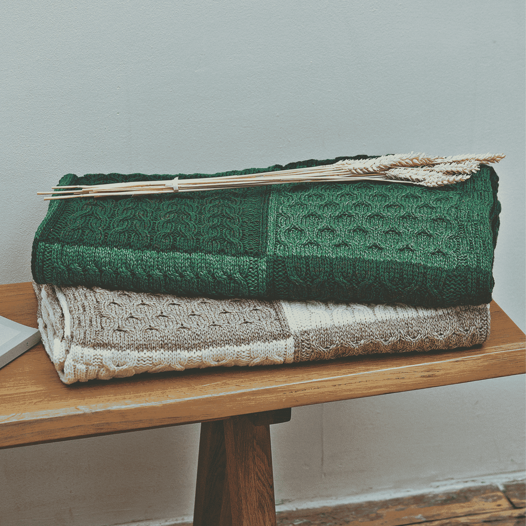 Aran Woollen Mills Aran Merino Patchwork Throw - Green