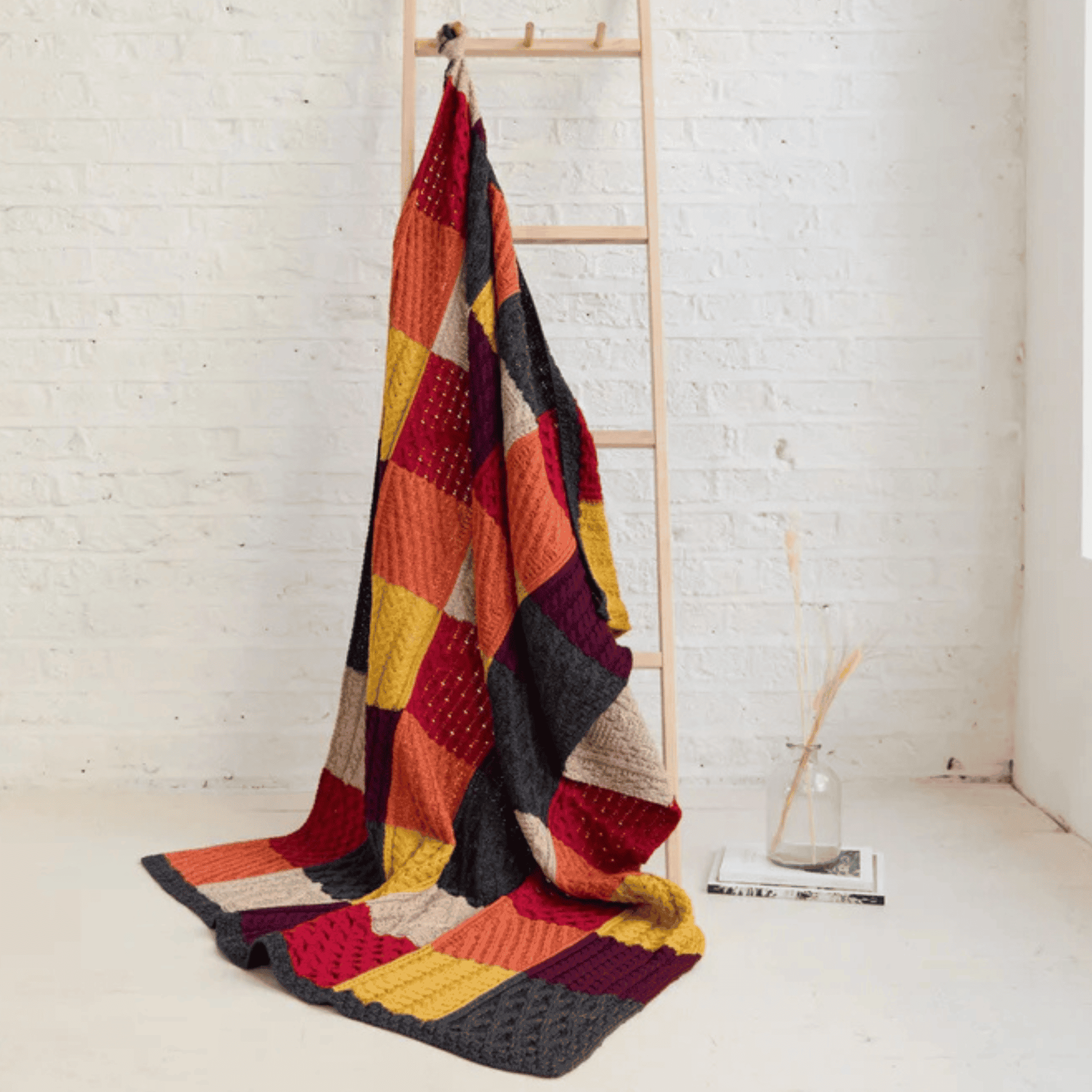 Aran Woollen Mills Aran Merino Patchwork Throw - Killala Aran Intarsia - Red, Orange and Yellow