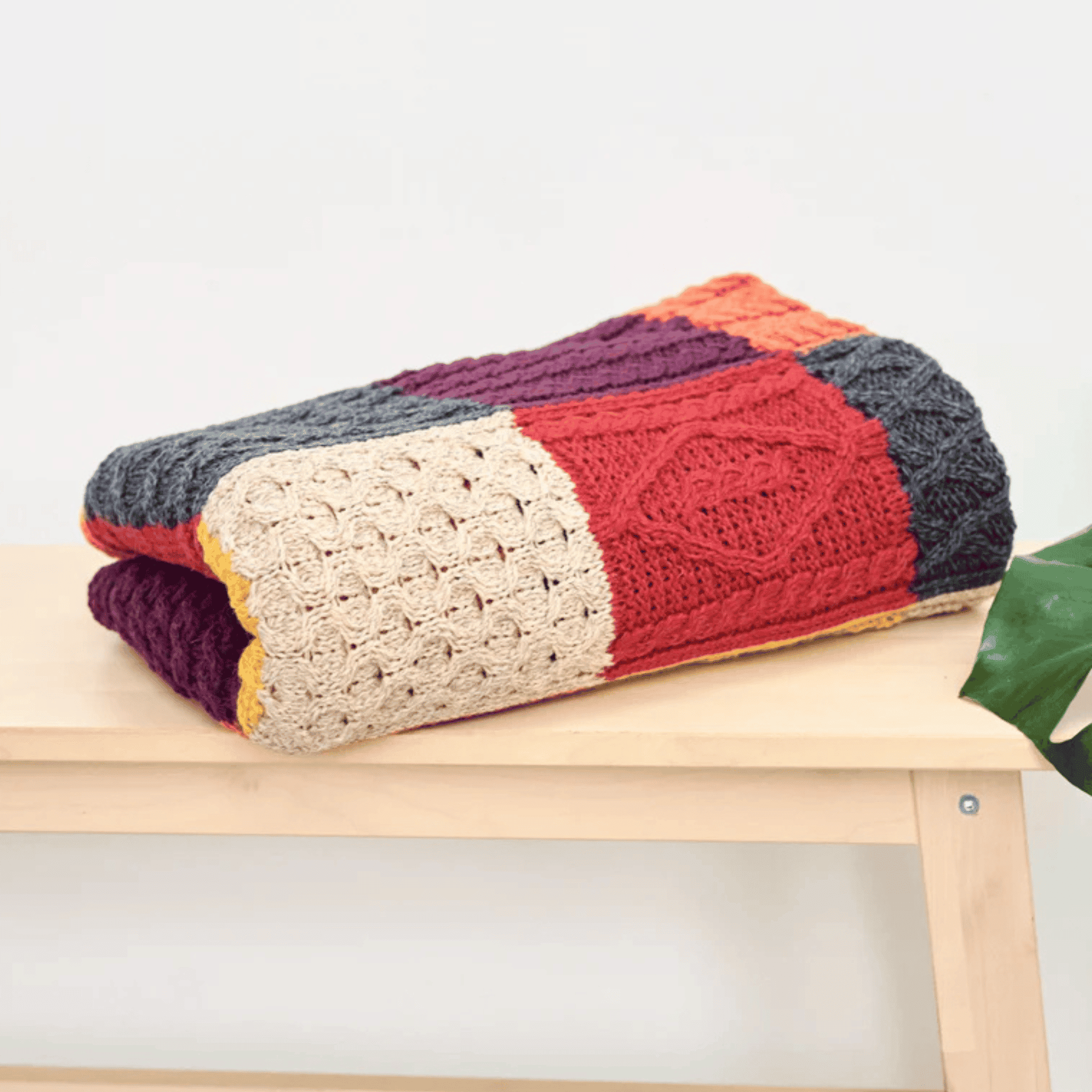 Aran Woollen Mills Aran Merino Patchwork Throw - Killala Aran Intarsia - Red, Orange and Yellow