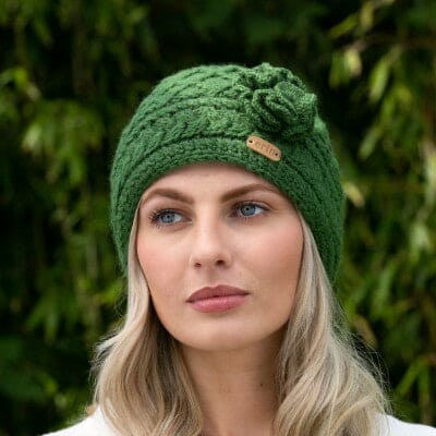 Erin Knitwear Aran Trellis Design Pullon Hat - Green