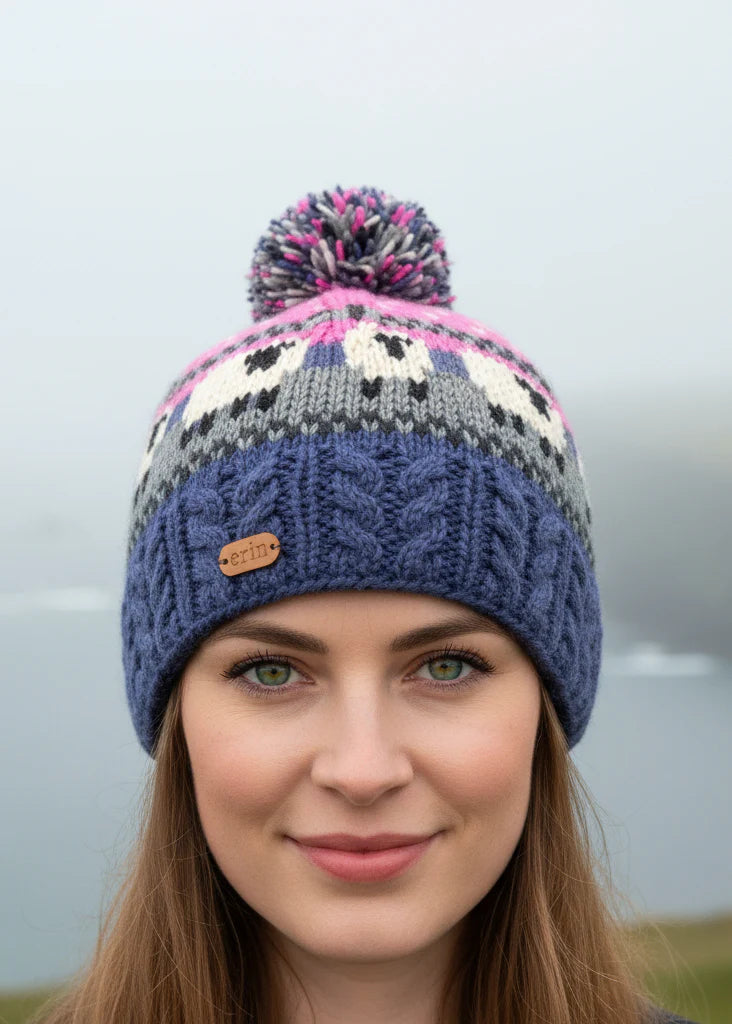 Sheep Bobble Hat with Cable Band in Blue and Pink