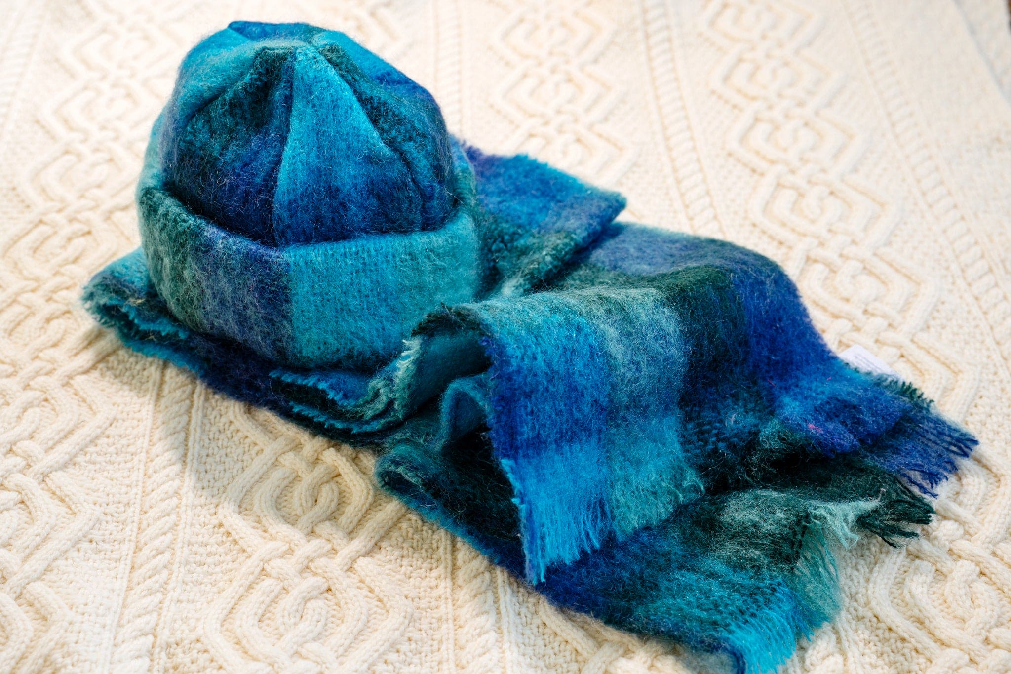 Connemara Sheep & Wool Centre Donegal Design Mohair Hat and Scarf Set - Blue and Green