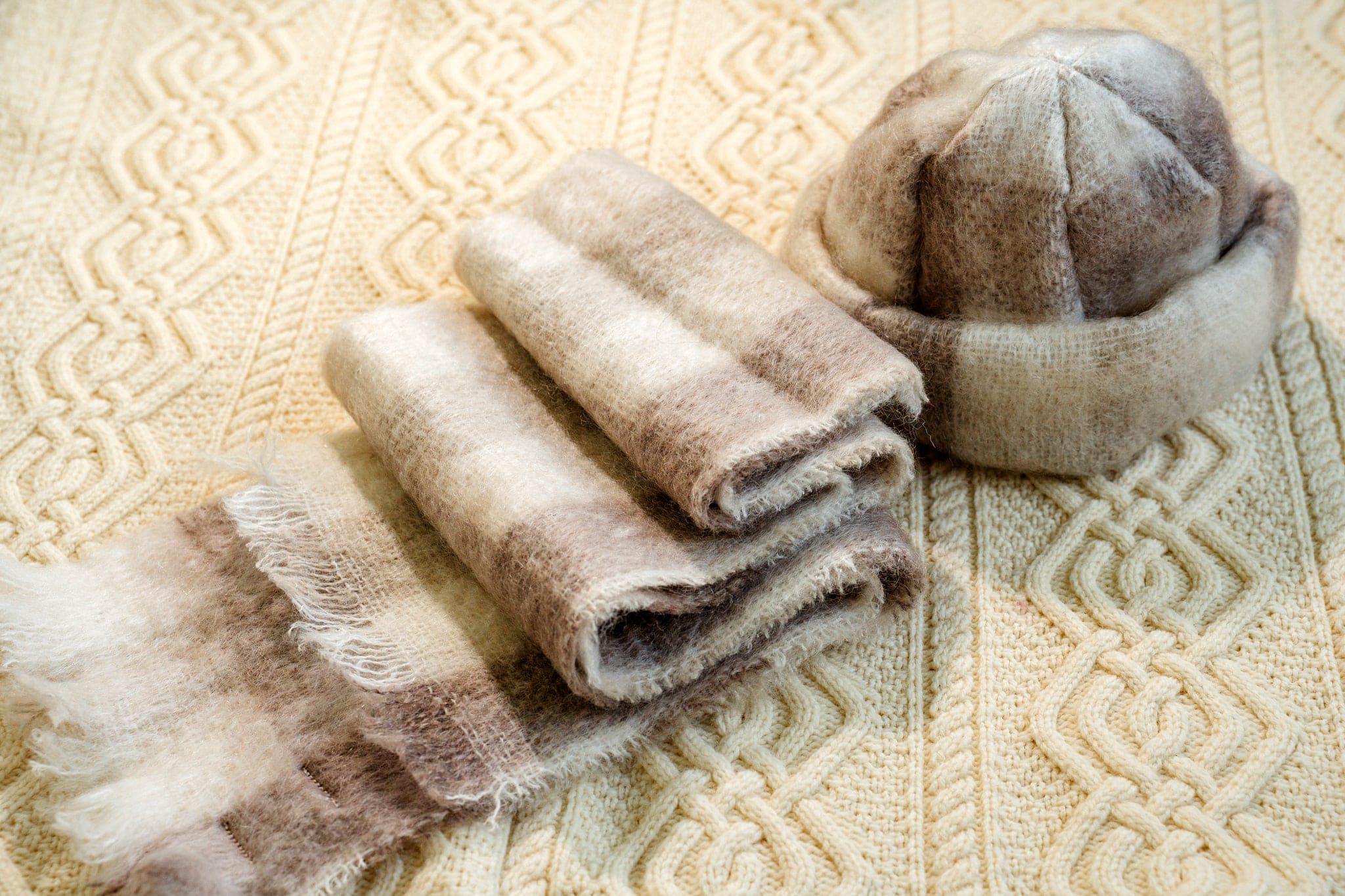 Connemara Sheep & Wool Centre Donegal Design Mohair Hat and Scarf Set - Cream and Fawn