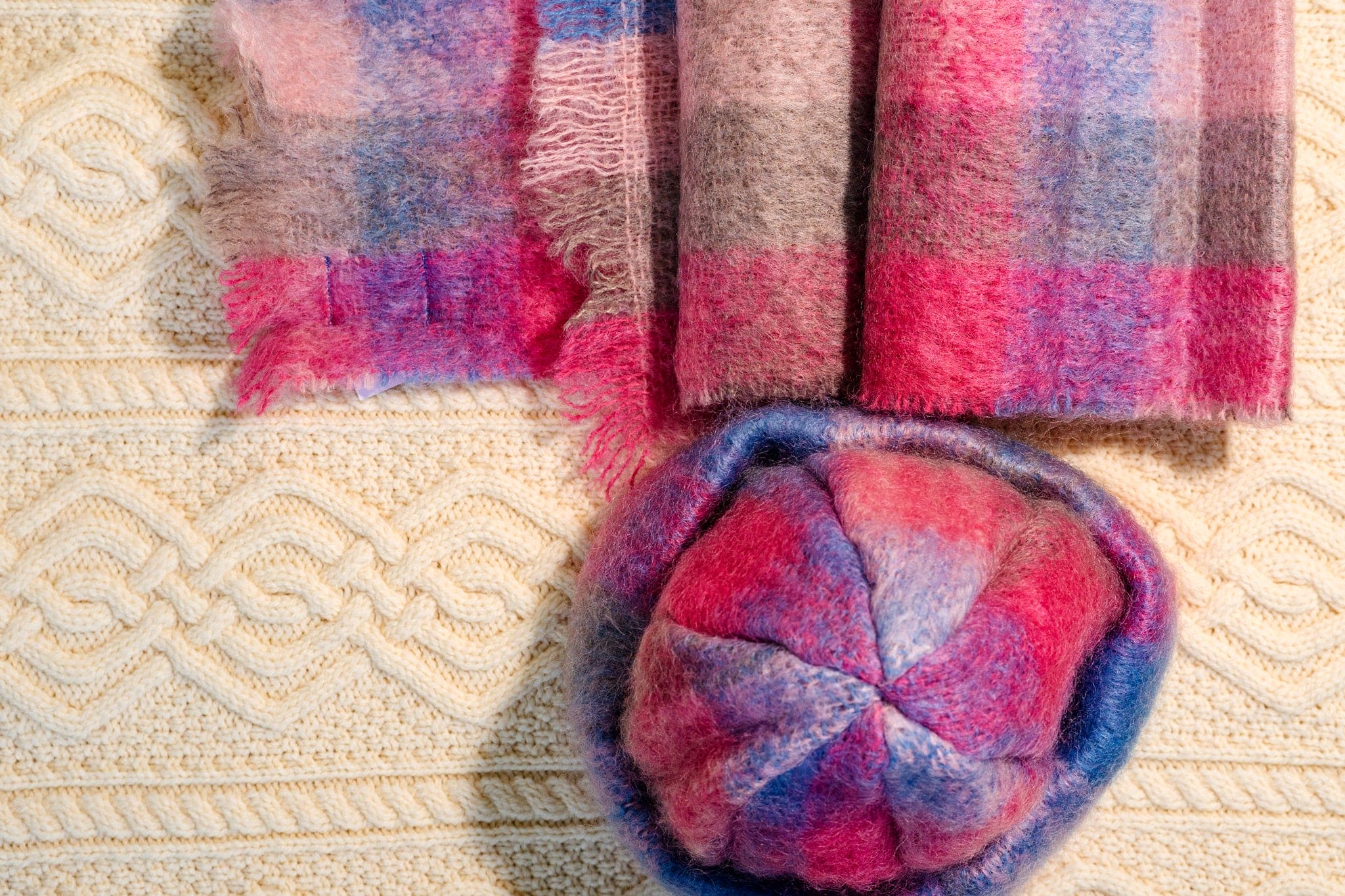 Connemara Sheep & Wool Centre Donegal Design Mohair Hat and Scarf Set - Pink and Blue