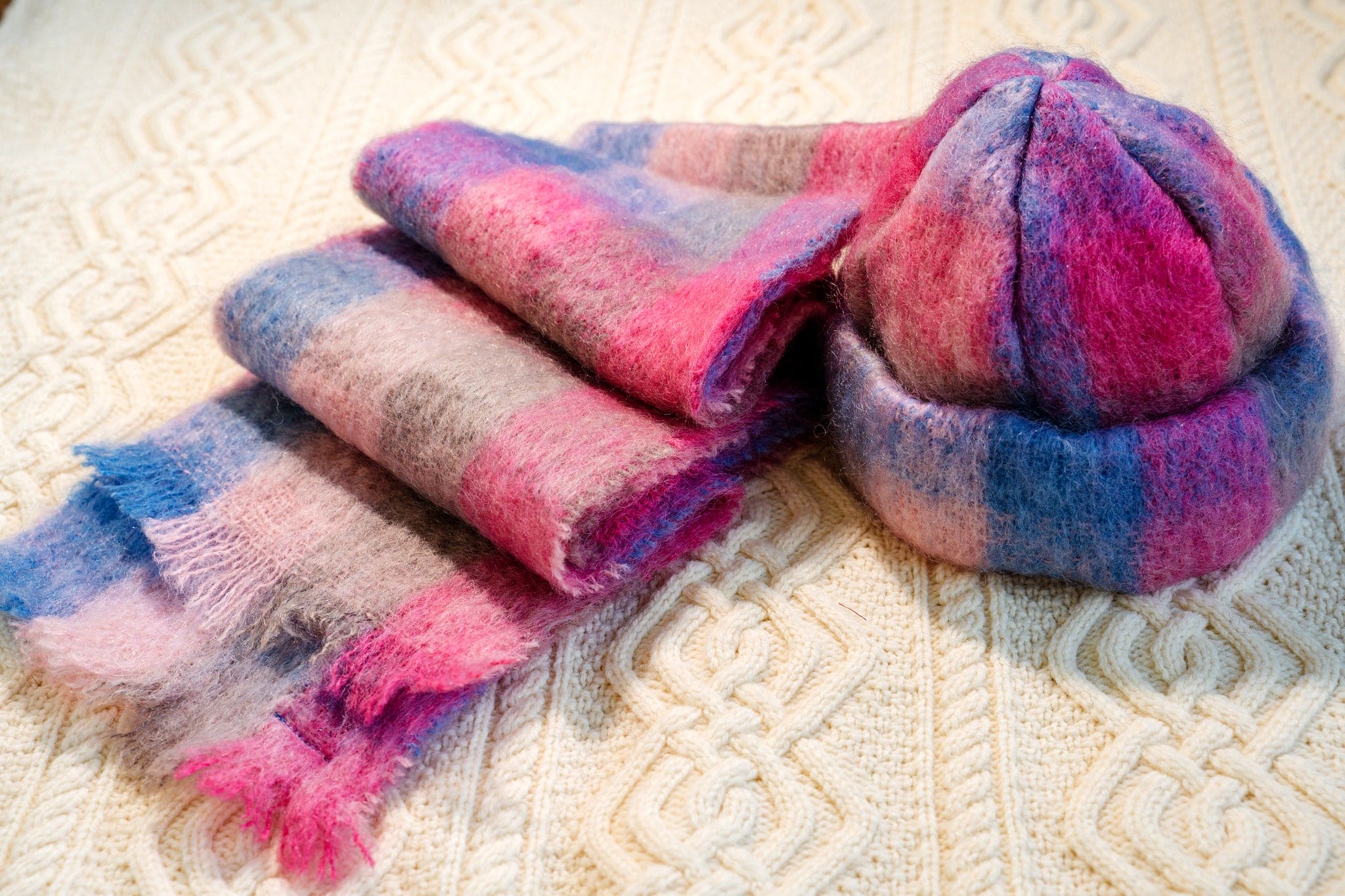 Connemara Sheep & Wool Centre Donegal Design Mohair Hat and Scarf Set - Pink and Blue
