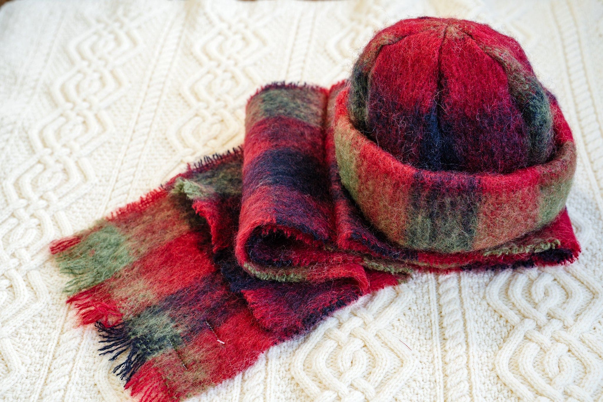 Connemara Sheep & Wool Centre Donegal Design Mohair Hat and Scarf Set - Red, Black, and Green