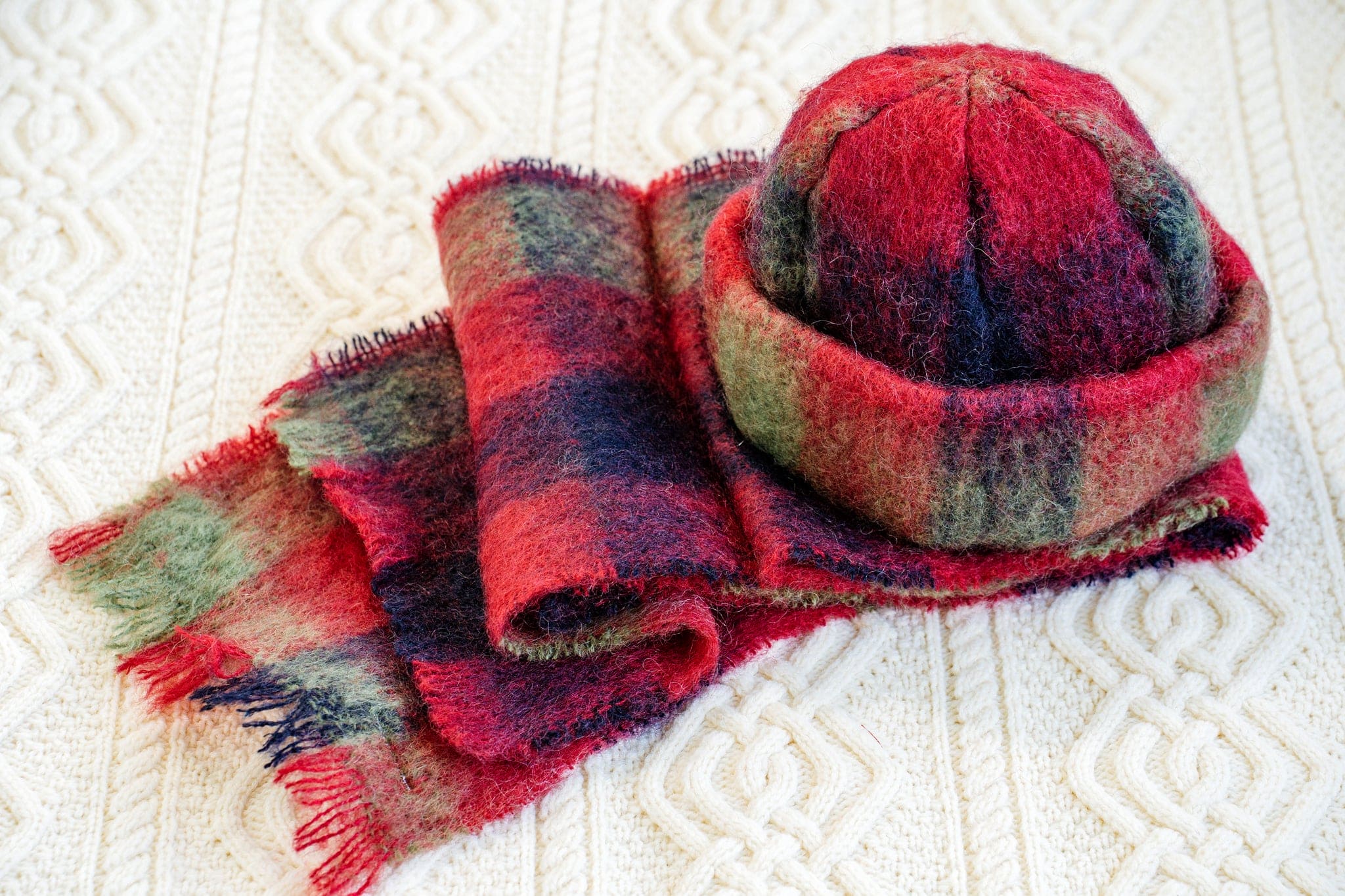 Connemara Sheep & Wool Centre Donegal Design Mohair Hat and Scarf Set - Red, Black, and Green