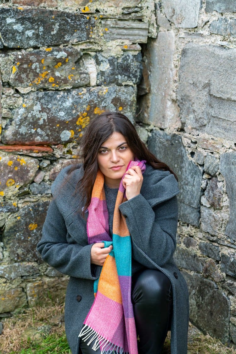 Connemara Sheep & Wool Centre Lambswool Scarf- Ladies- Hyacinth and Orange Check
