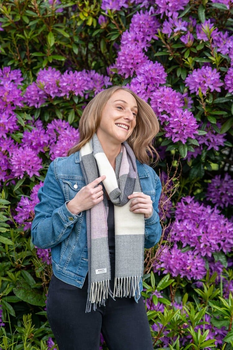 Connemara Sheep & Wool Centre Lambswool Scarf- Ladies - Rose and Grey Check