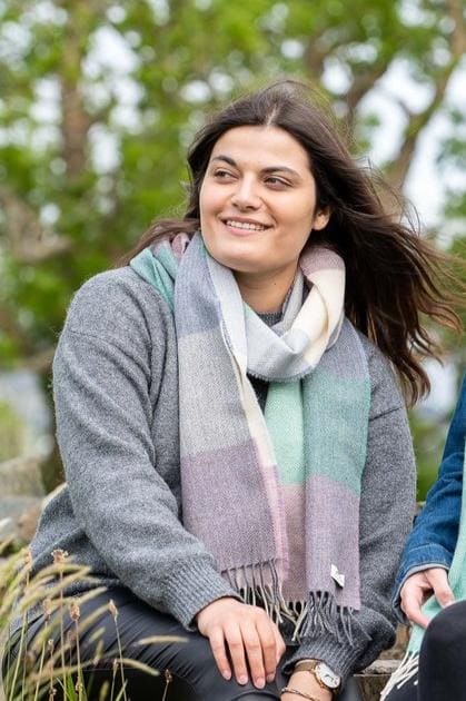 Connemara Sheep & Wool Centre Lambswool Scarf Ladies- Spearmint and Smoke Check