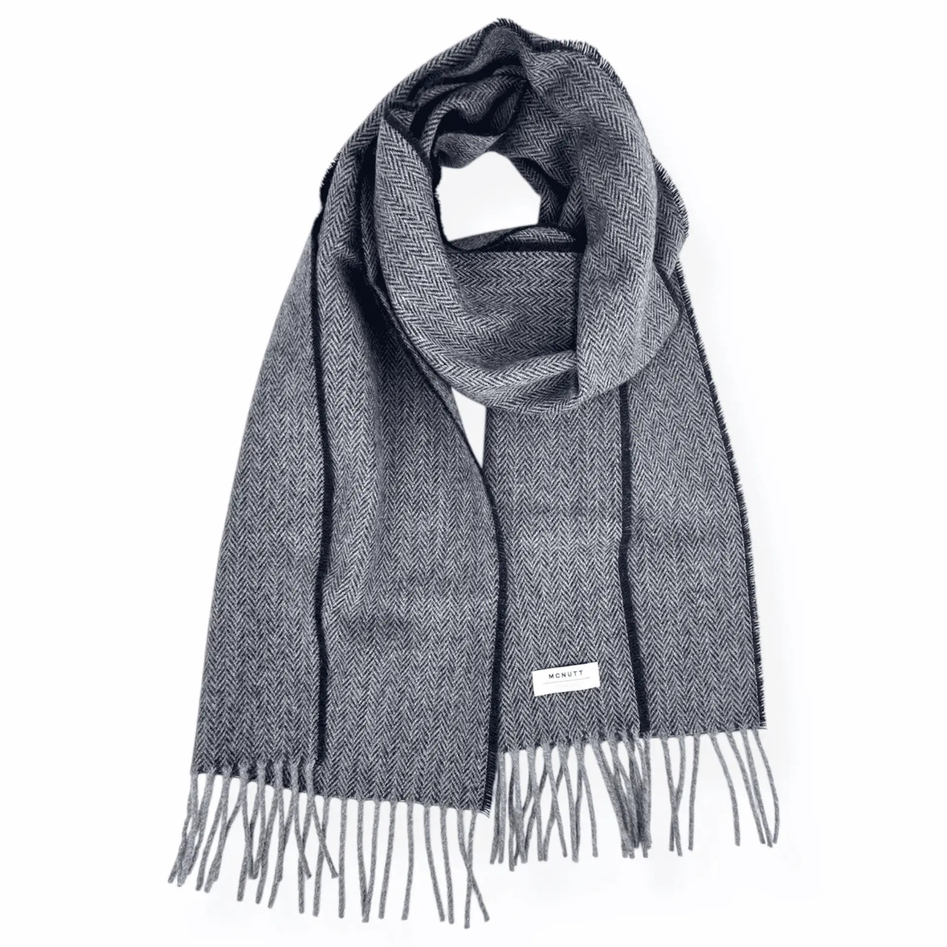 McNutt Lambswool Scarf - Navy and Grey Herringbone