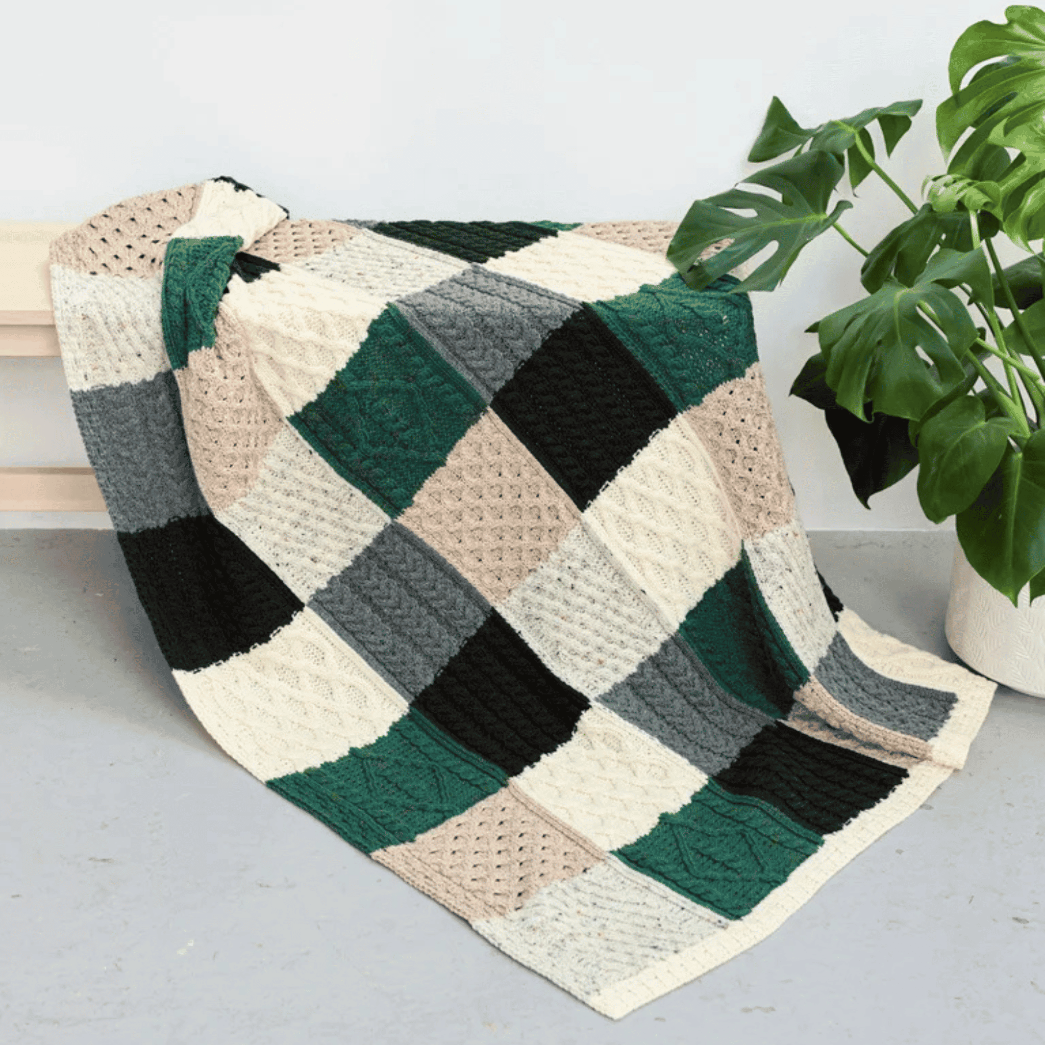 Aran Woollen Mills Merino Patchwork Throw - Killala Aran Intarsia - Green