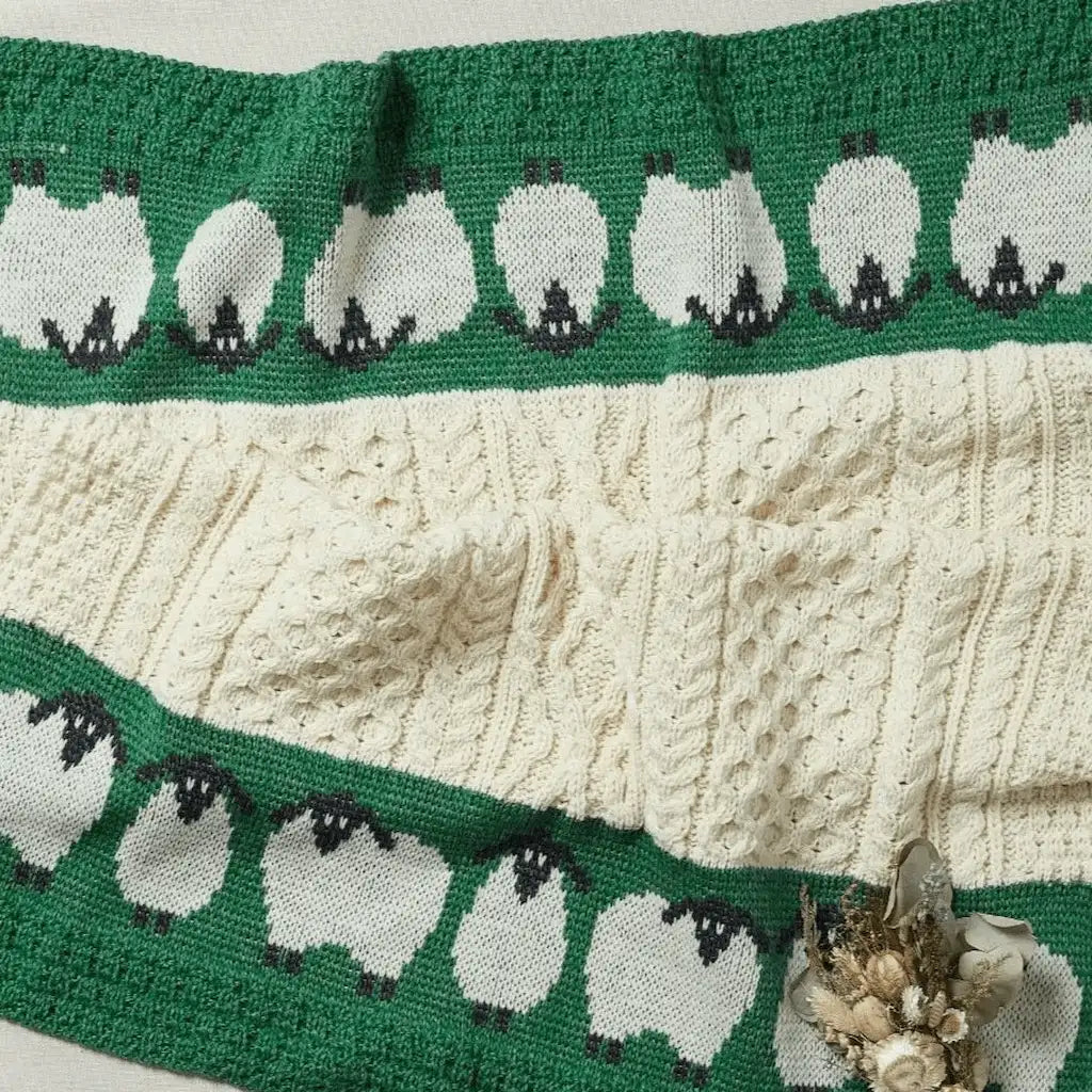 Aran Woolen Mills Merino Wool Bainin and Green Baby Blanket with Sheep