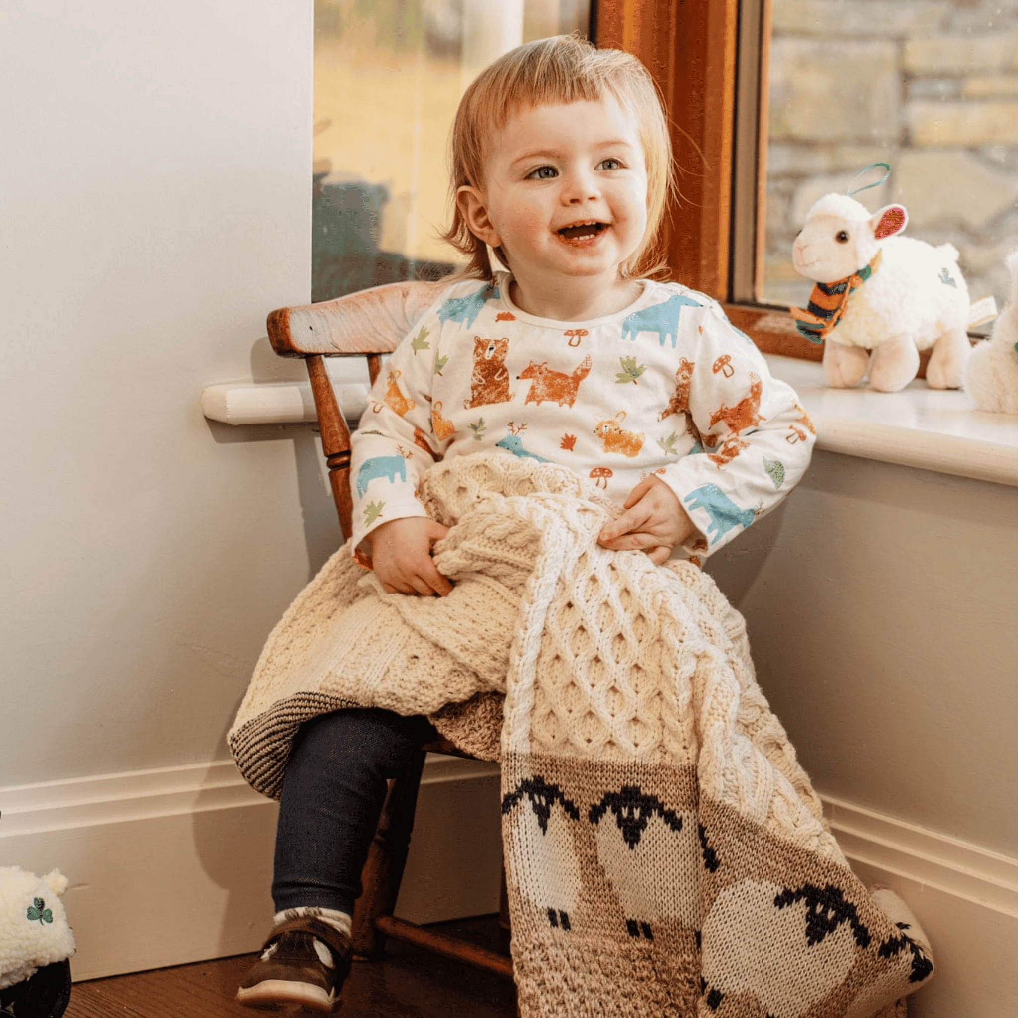 Aran Woolen Mills Merino Wool Bainin Baby Blanket with Sheep