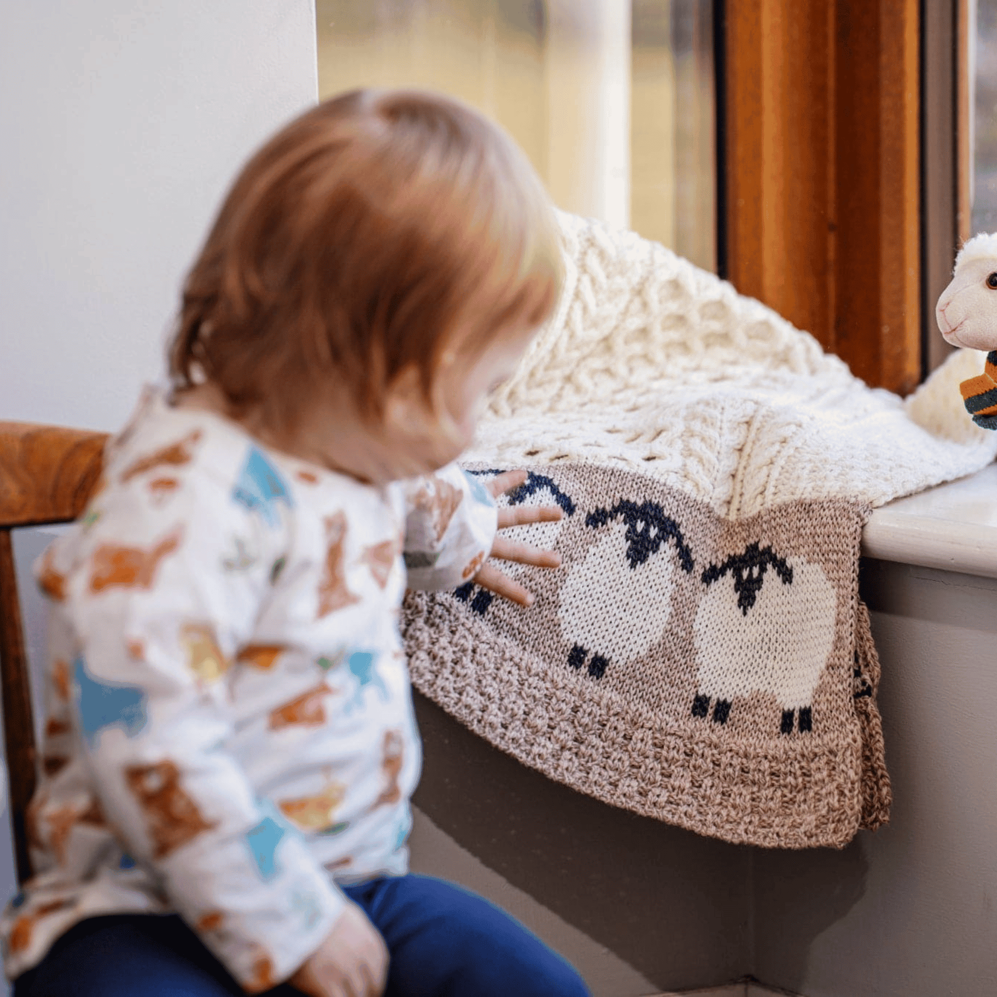Aran Woolen Mills Merino Wool Bainin Baby Blanket with Sheep