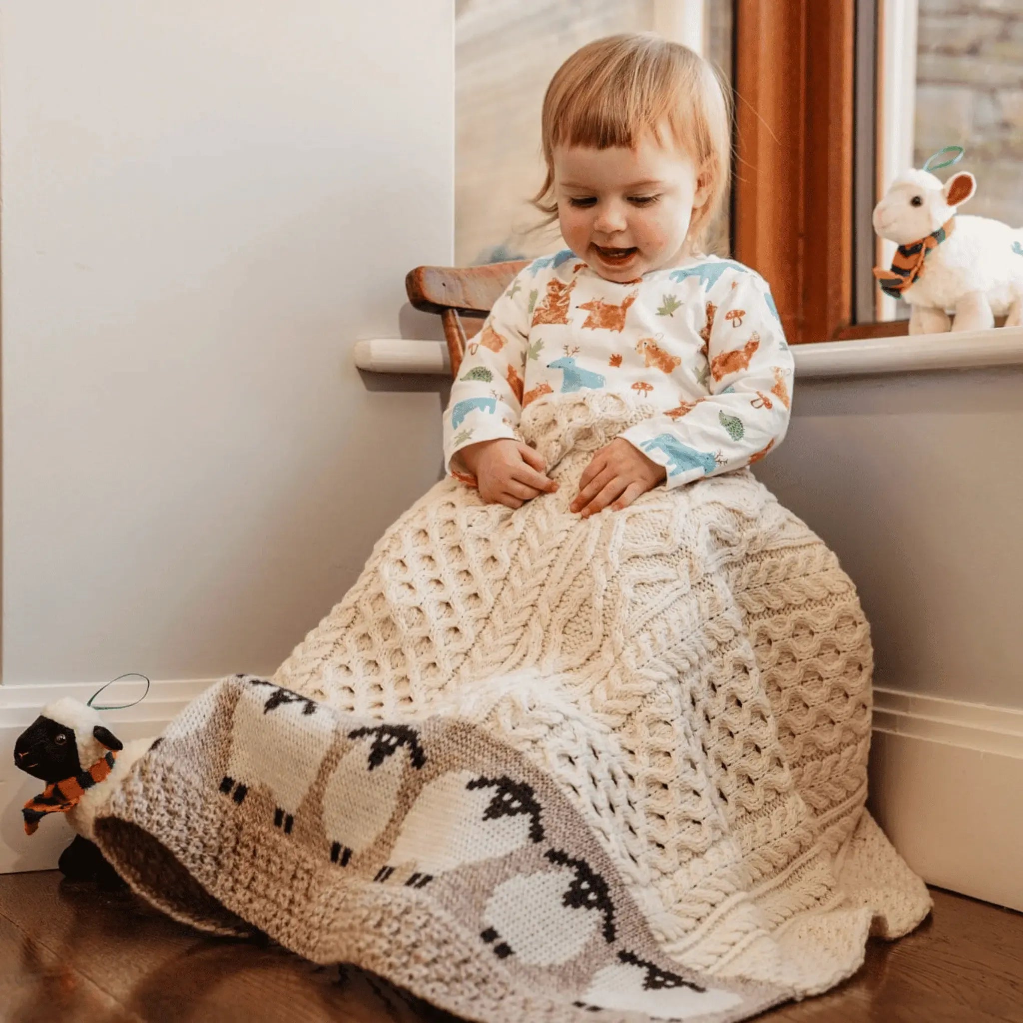 Aran Woolen Mills Merino Wool Bainin Baby Blanket with Sheep