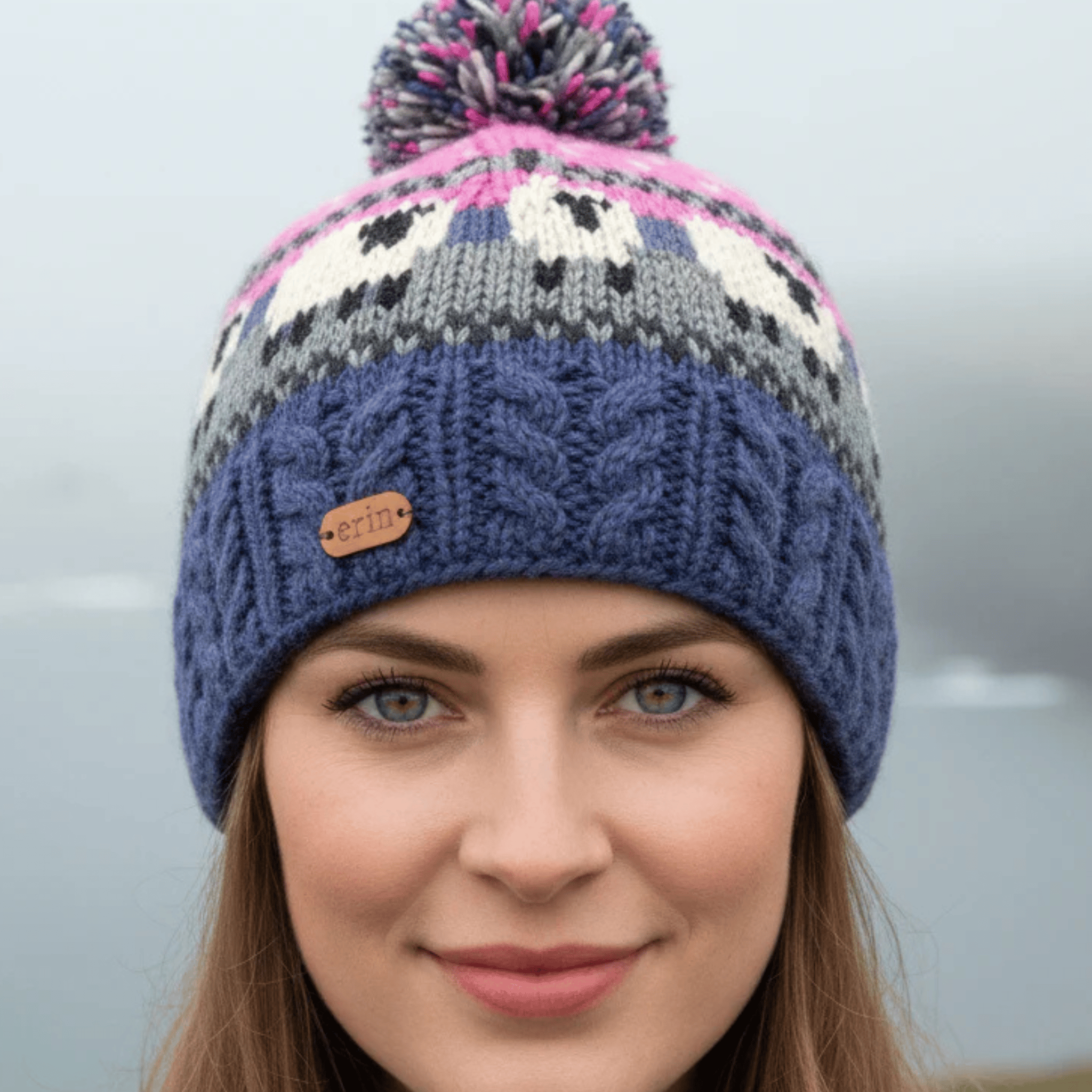Erin Knitwear Sheep Bobble Hat with Cable Band in Blue and Pink