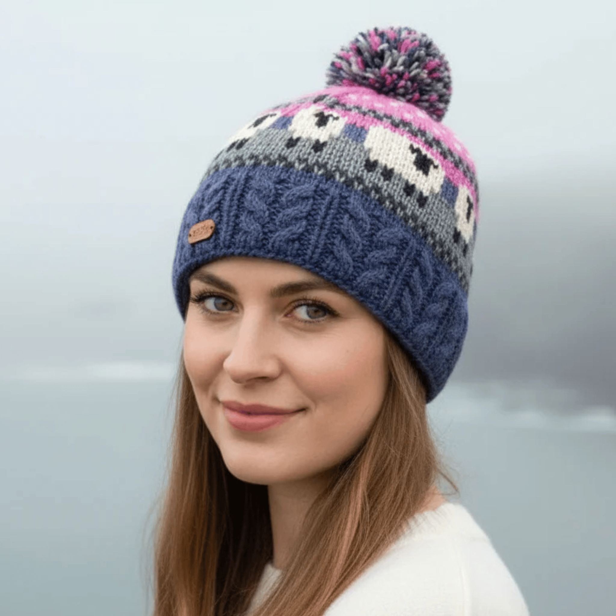 Erin Knitwear Sheep Bobble Hat with Cable Band in Blue and Pink