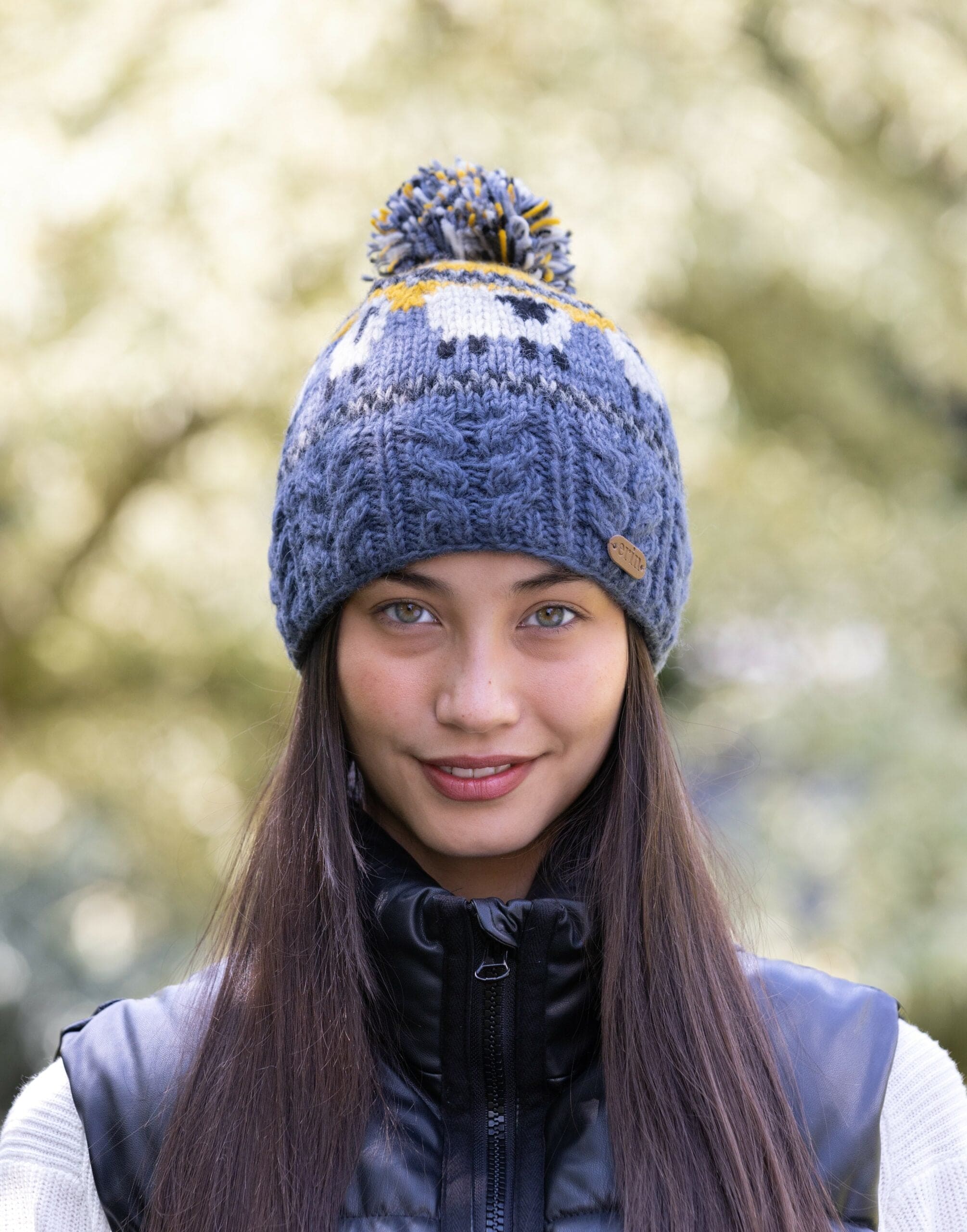 Erin Knitwear Sheep Bobble Hat with Cable Band in Blue and Yellow