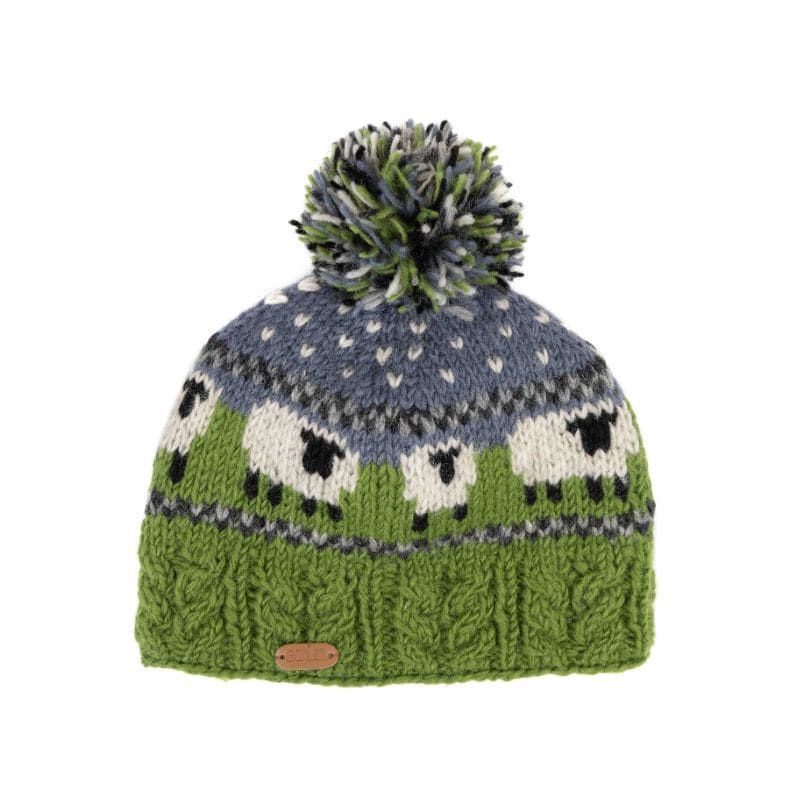 Erin Knitwear Sheep Bobble Hat with Cable Band in Green and Blue