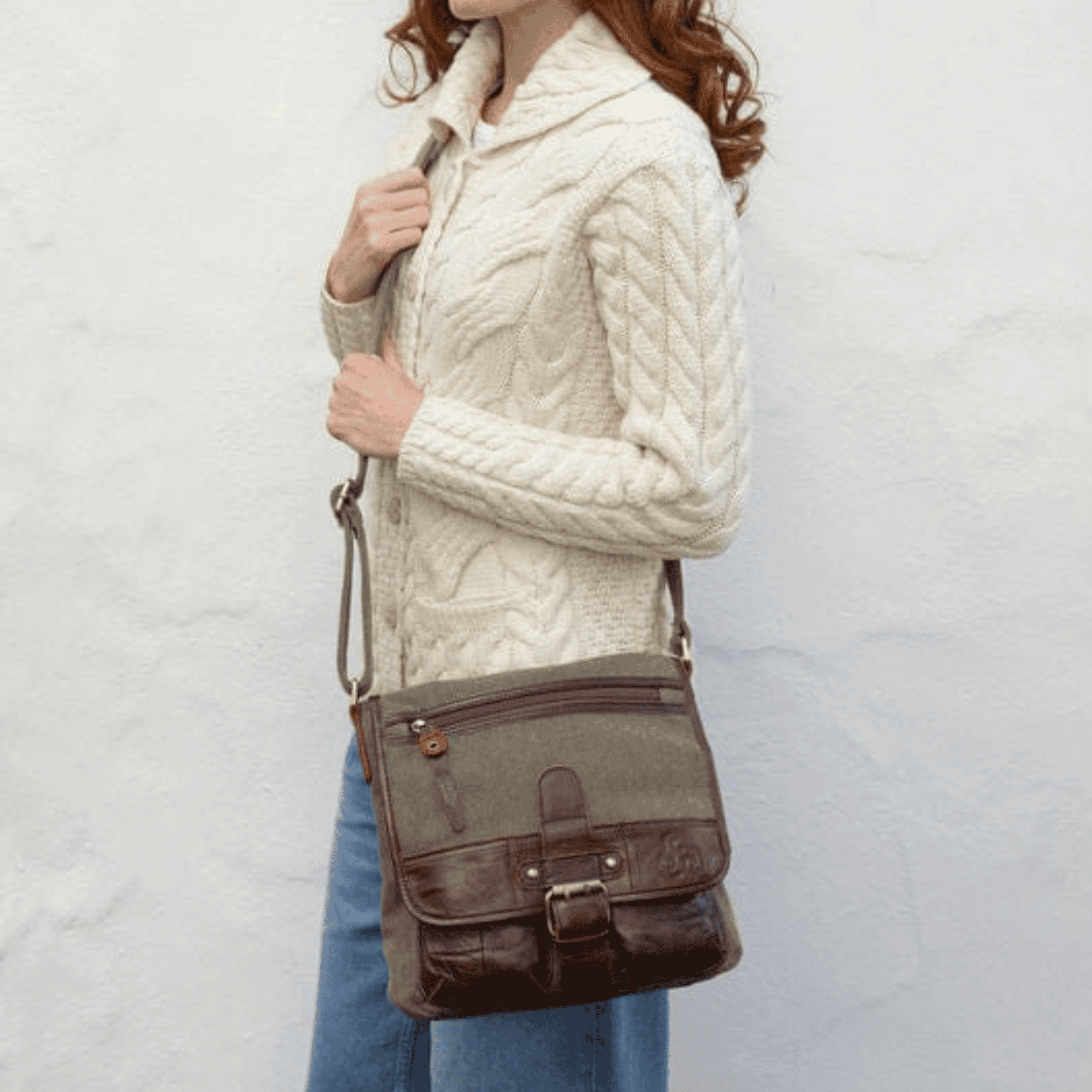 Aran Woollen Mills Single buckle Irish tweed and leather bag