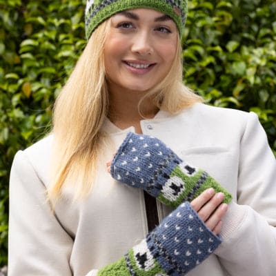 Erin Knitwear Wool  Sheep Handwarmers - Blue and Green