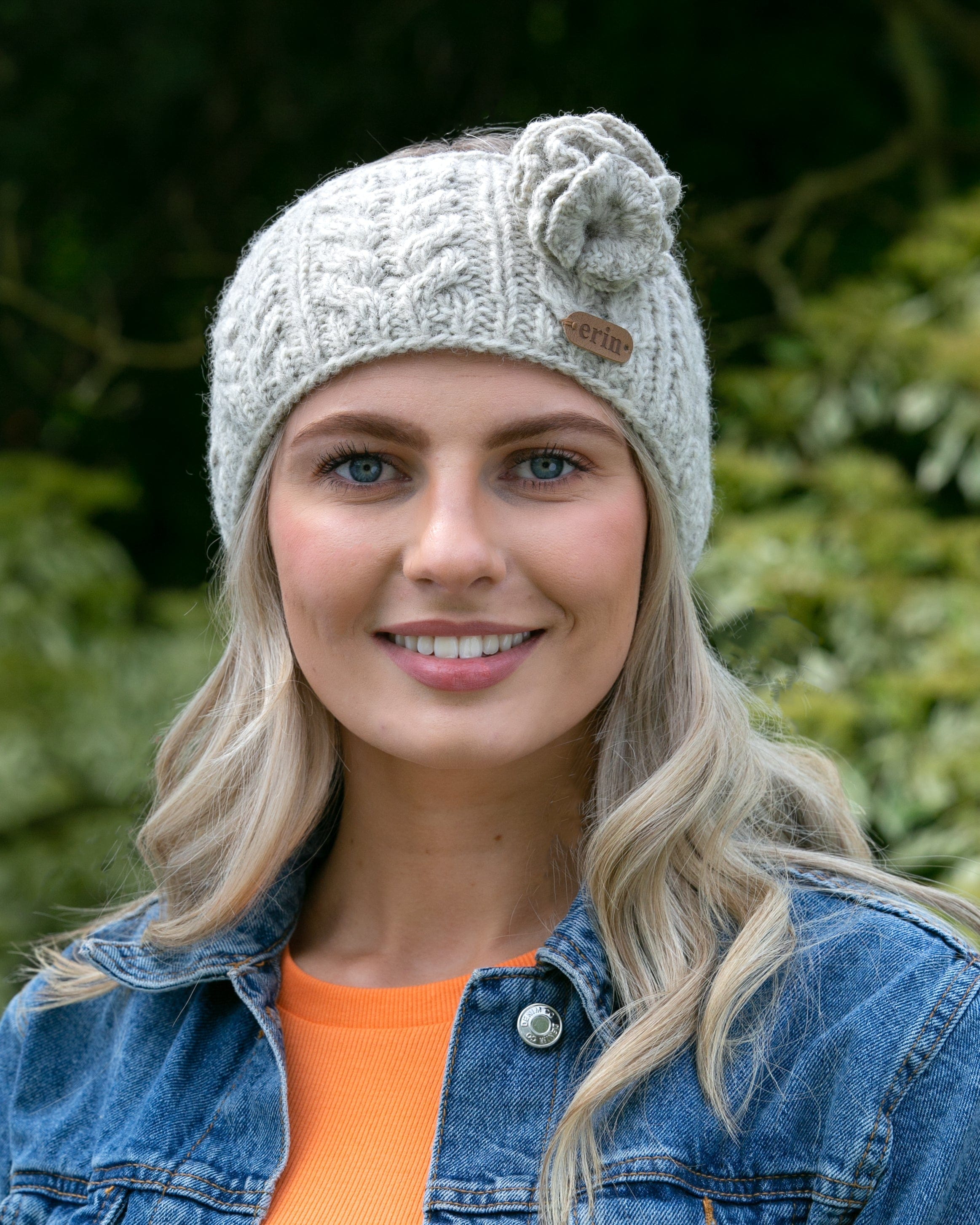 Erin Knitwear Aran Cable Headband with Flower - Oatmeal