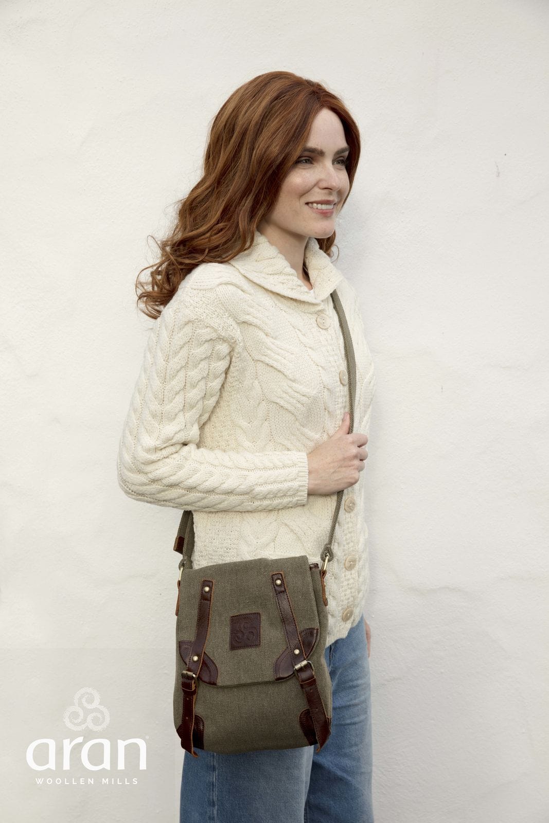Aran Woollen Mills Double buckle Irish  tweed and leather bag