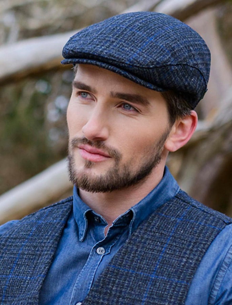 Muckross Handweavers Mens Tweed Flat Cap - Trinity Cap Charcoal with Blue Check