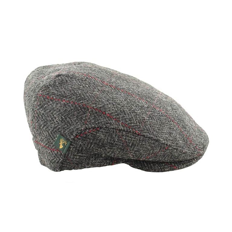Muckross Handweavers Mens Tweed Flat Cap - Trinity Cap Charcoal with Red Stripe