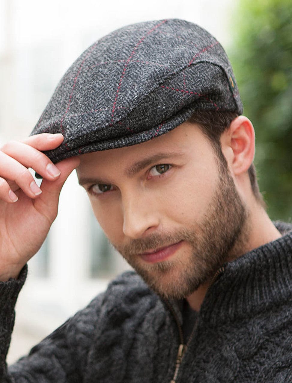 Muckross Handweavers Mens Tweed Flat Cap - Trinity Cap Charcoal with Red Stripe