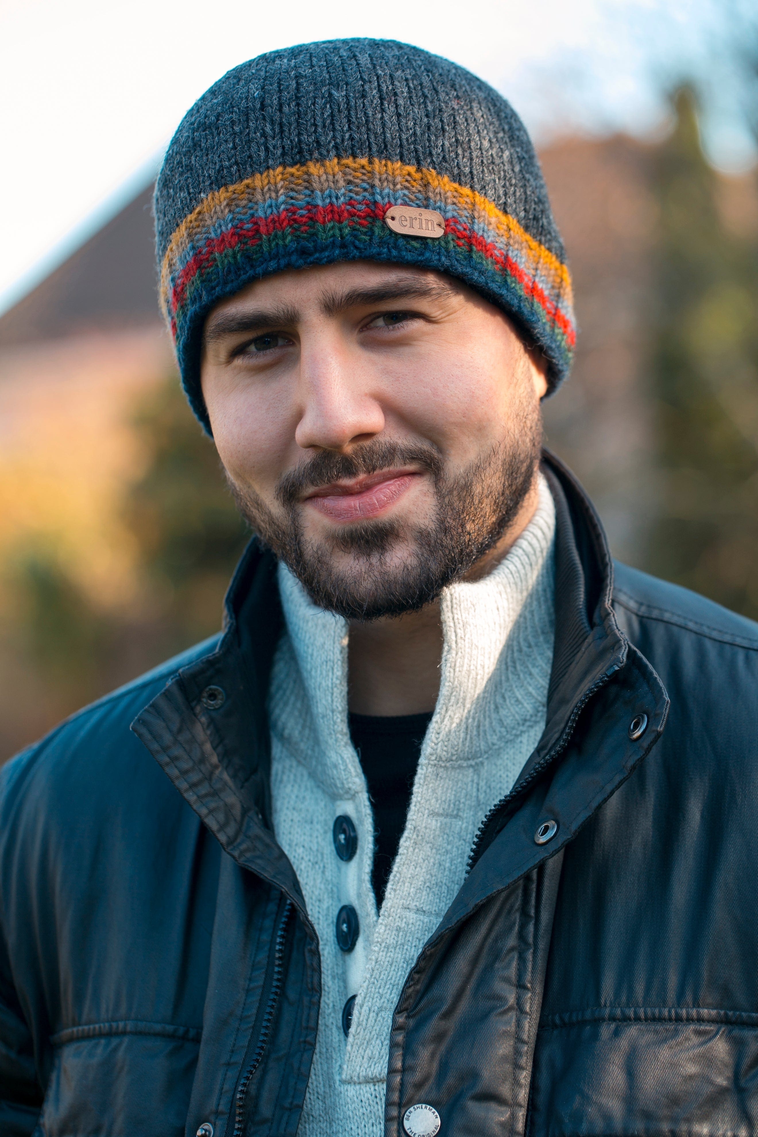 Erin Knitwear Rib Pullon Hat - Charcoal with Multicoloured Stripe