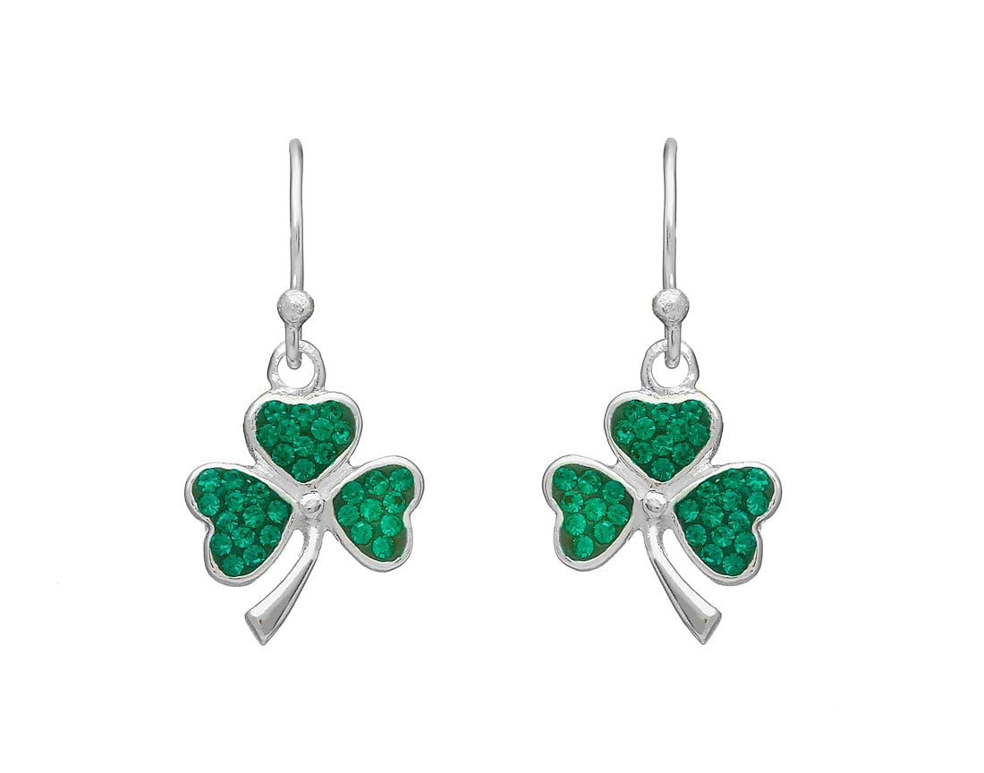 Woods Celtic Jewellery Shamrock Drop Earrings - Sterling Silver and Green Cz Stones
