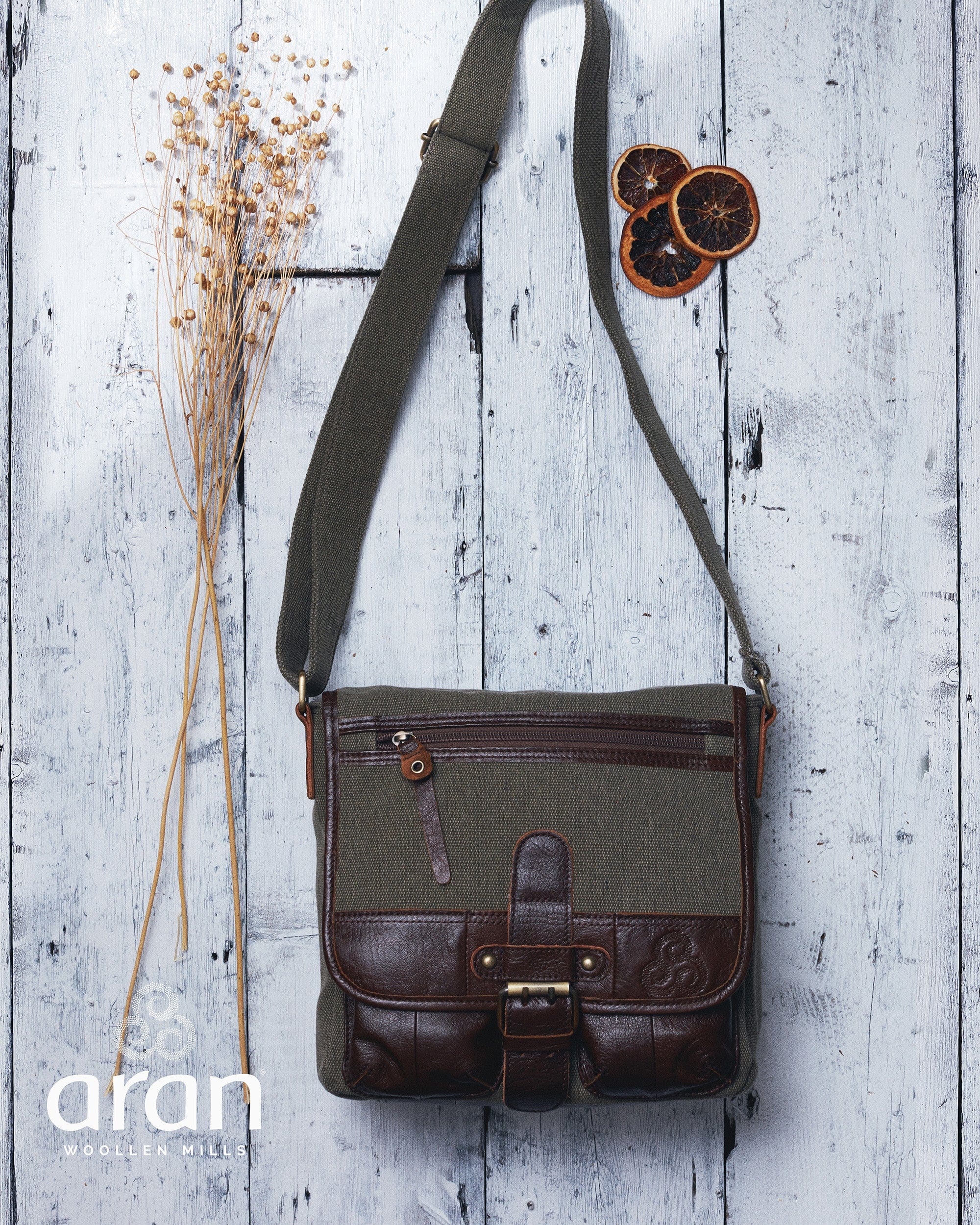 Aran Woollen Mills Single buckle Irish tweed and leather bag